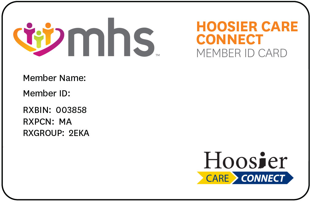 Hoosier Care connect sample member ID card with name, RID, prescription information and copay information