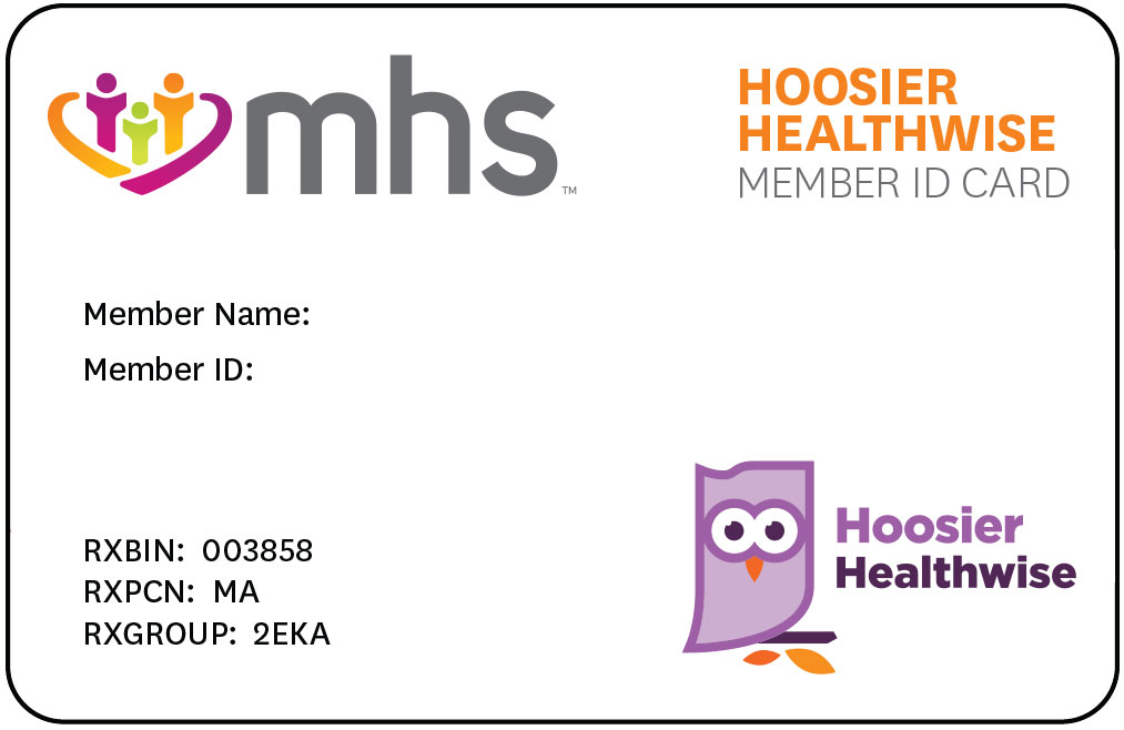 Hoosier Healthwise sample member ID card with name, RID, prescription information and copay information